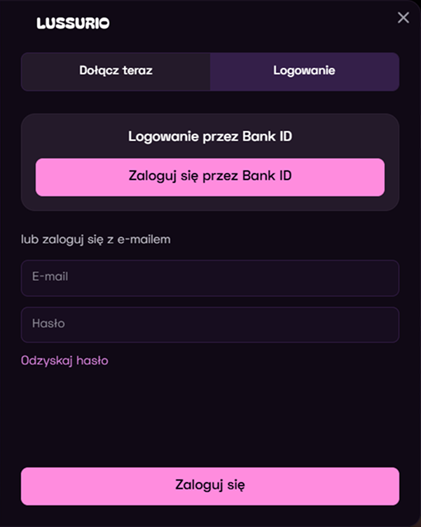 Lussurio logowanie przez Bank ID lub e-mail