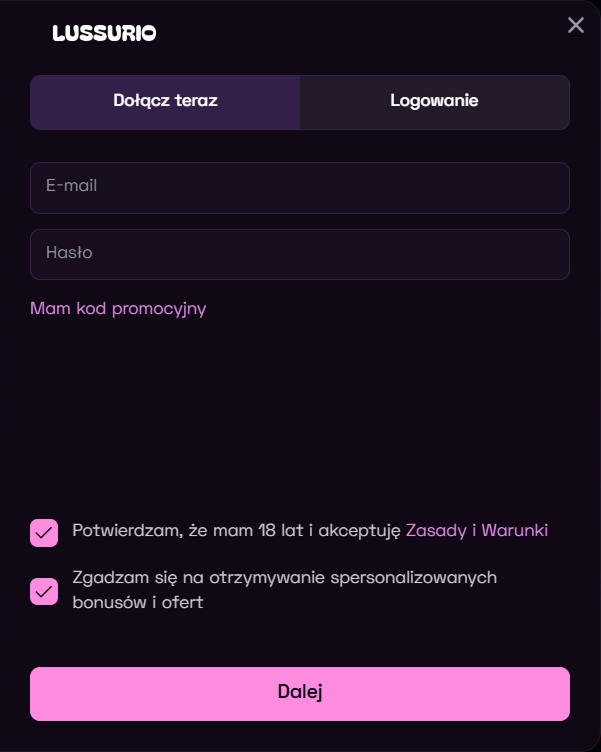 Lussurio rejestracja e-mail hasło kod promocyjny