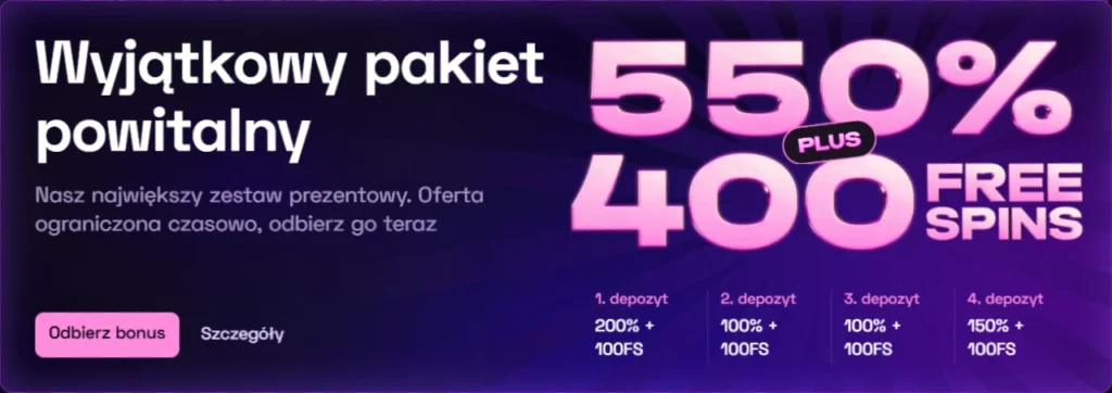 Pakiet powitalny 550% i 400 free spinów